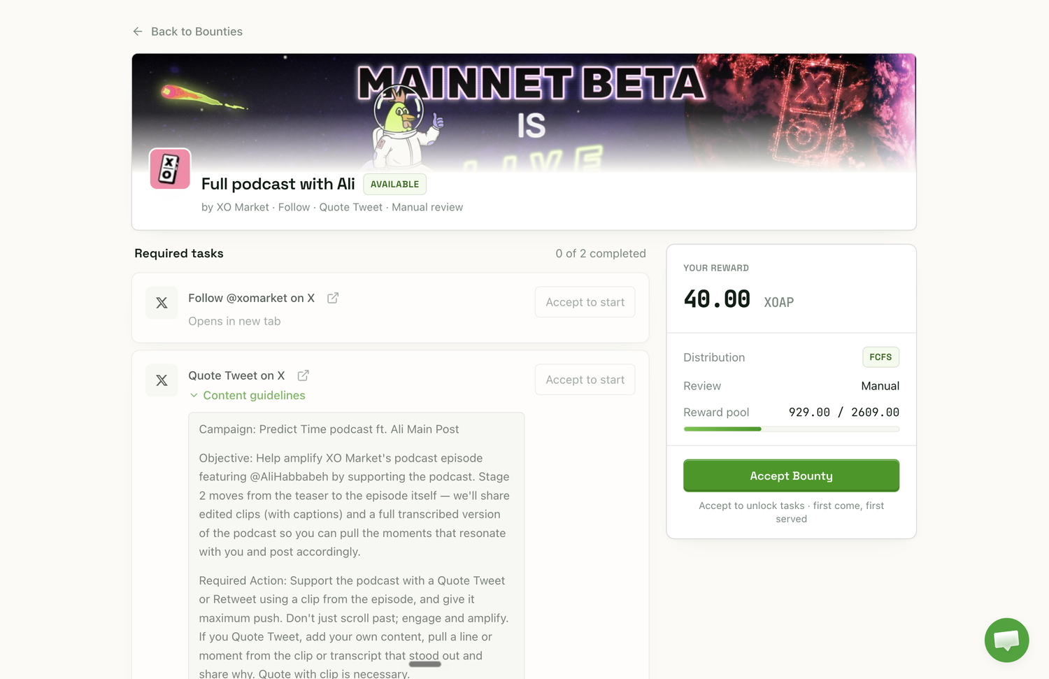 A creator-facing bounty with tasks, guidelines and a live reward-pool meter